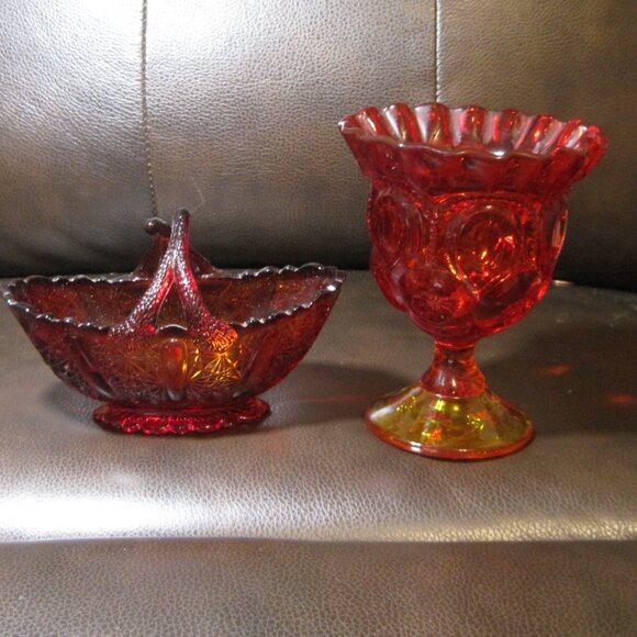 Two (2) Fenton Glass Ruby Red a) Twig Basket & b) Pedestal Ruffled Compote - Picture 1 of 9